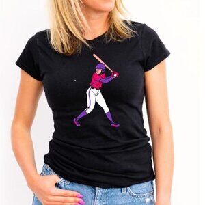 Women’s Pink Baseball Player Graphic Tee - Stylish Sporty Look for Women’s Casua